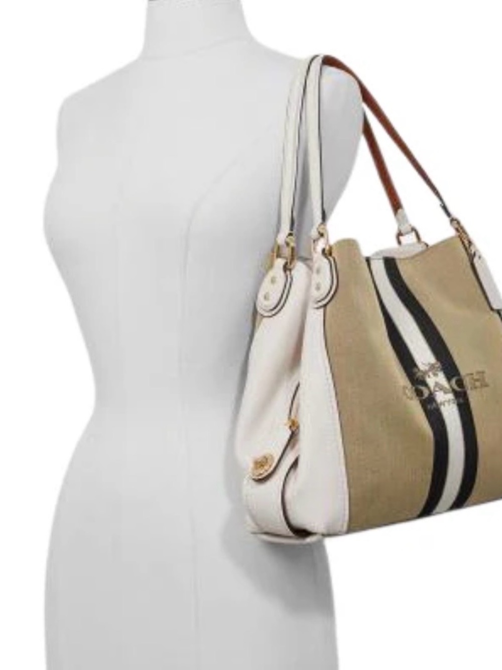 Coach Beige Canvas Stripe Shoulder Bag with Black & White Accents - Picture 2 of 8